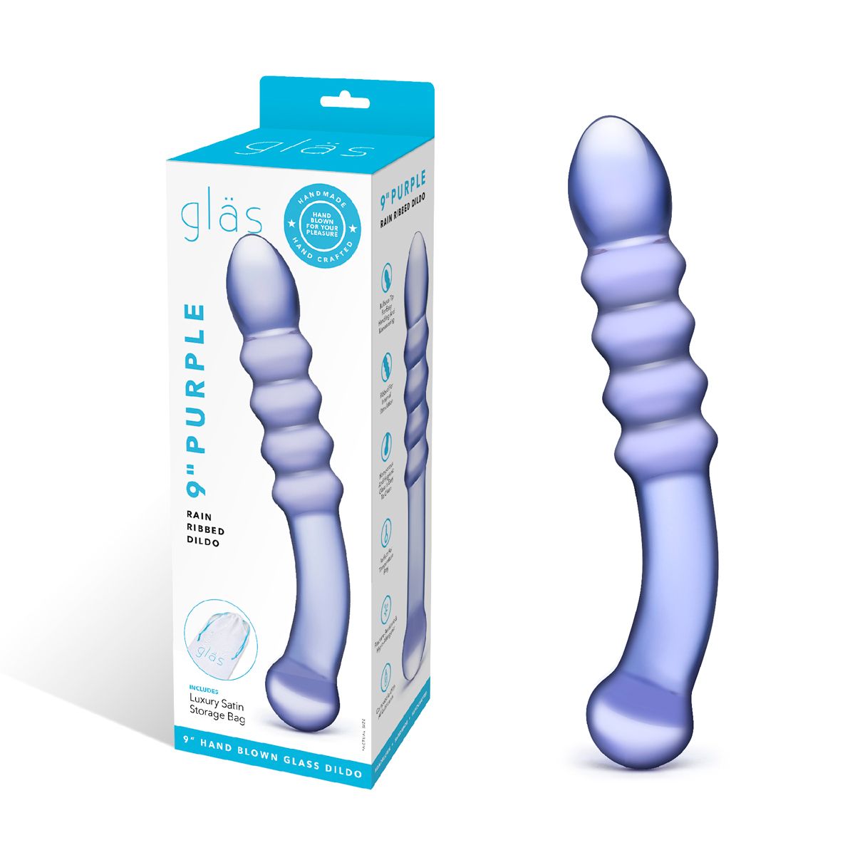 Glas Purple Rain 9" Ribbed Dildo in Clear